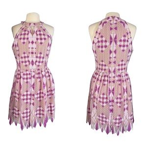 Gianni Bini Sz 10 Dress Laser Cut Halter Pink Purple Nude Lace Geometric Chloe